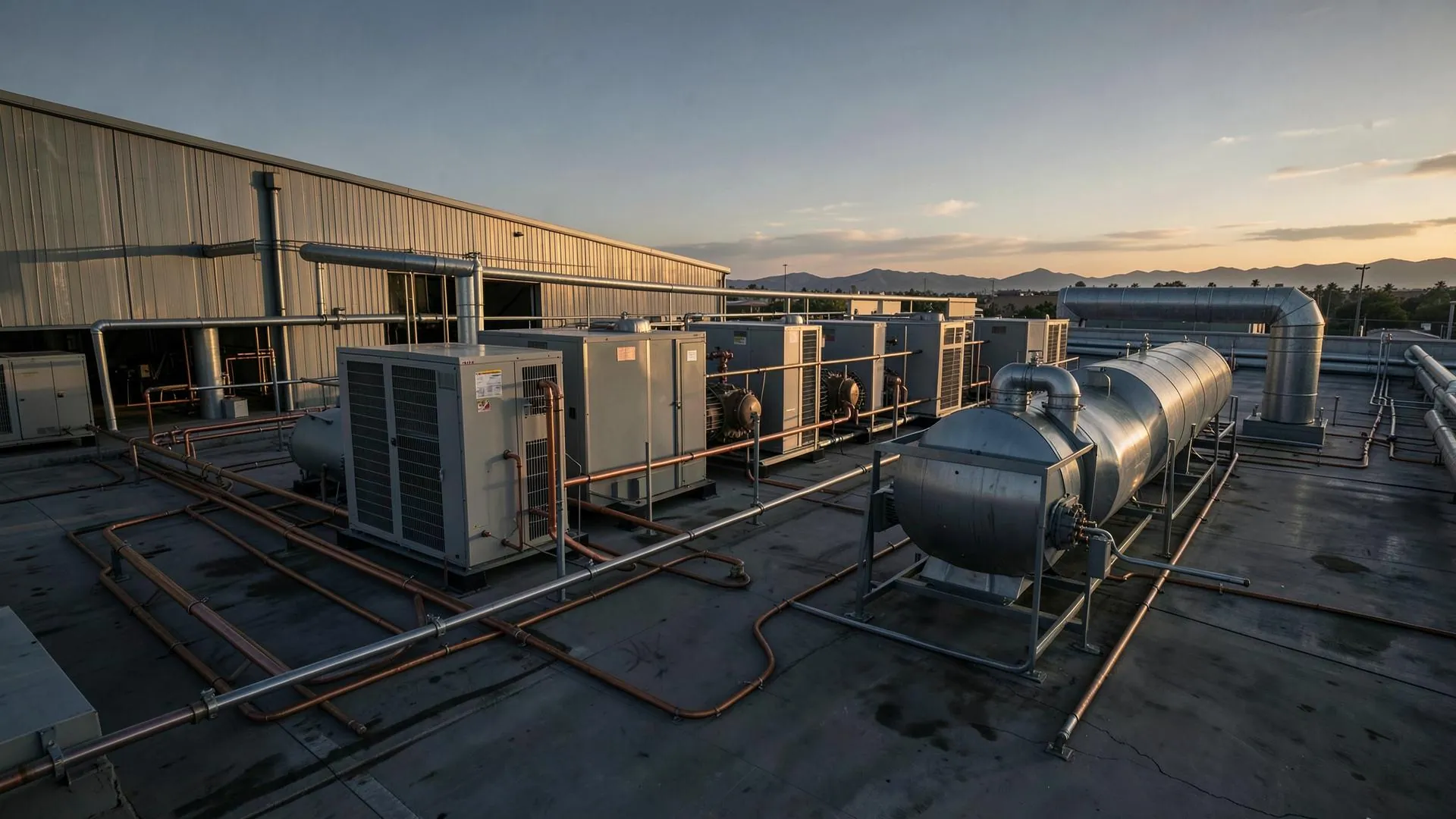 Commercial rooftop mechanical plant with packaged HVAC units and chillers